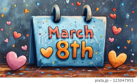 A colorful and fun illustration for International Women's Day, featuring the date March 8th in bold, vibrant letters surrounded by scattered hearts in various colors.  123047955
