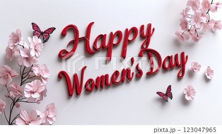 The text Happy Women's Day is written in elegant, red 3D typography, surrounded by soft pink blossoms and butterflies, creating a delicate, feminine atmosphere.  123047965