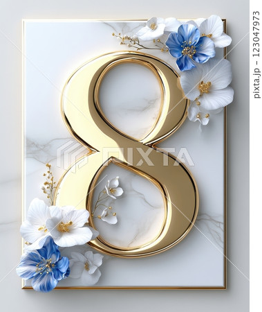 A luxurious golden number 8 framed by elegant white and blue flowers on a marble background, symbolizing elegance and luxury for Women s Day. 123047973