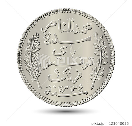 Tunisia 1 franc vector coin on white isolated background. Obverse of Tunisia 1 franc coin. Vector illustration. 123048036