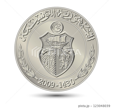Tunisia 1 dinar vector coin on white isolated background. Obverse of Tunisia 1 dinar coin. Vector illustration. 123048039