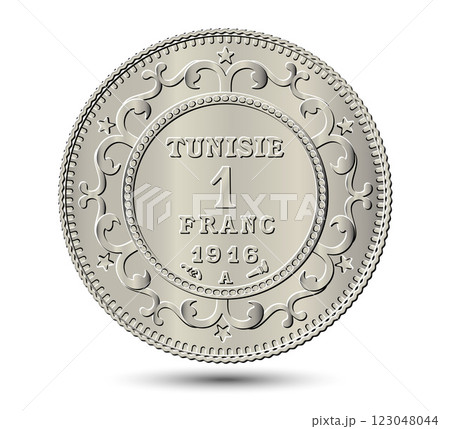 Tunisia 1 franc vector coin on white isolated background. Reverse of Tunisia 1 franc coin. Vector illustration. Tunisia 1 franc vector coin on white isolated background. Reverse of Tunisia 1 franc coin. Vector illustration. 123048044