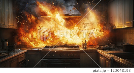 sudden accident in the kitchen leads to a fire outbreak, causing chaos and urgency 123048198