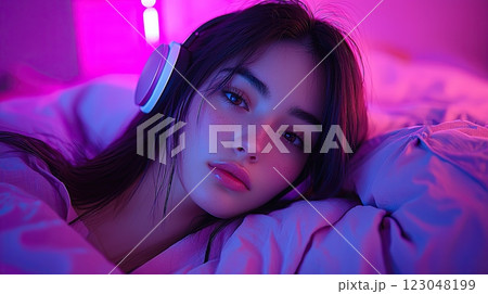 beautiful Japanese girl in rough clothes, lying in bed in a room at night, concept for Lo-Fi music. 123048199