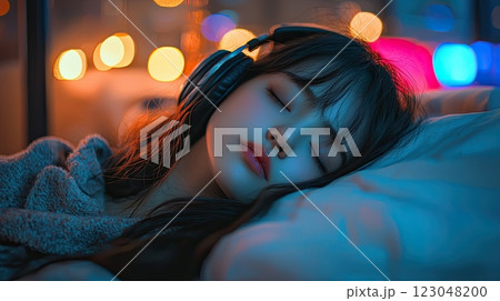 beautiful Japanese girl in rough clothes, lying in bed in a room at night, concept for Lo-Fi music. 123048200