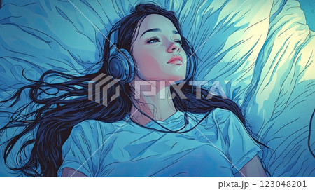 beautiful Japanese girl in rough clothes, lying in bed in a room at night, concept for Lo-Fi music. 123048201