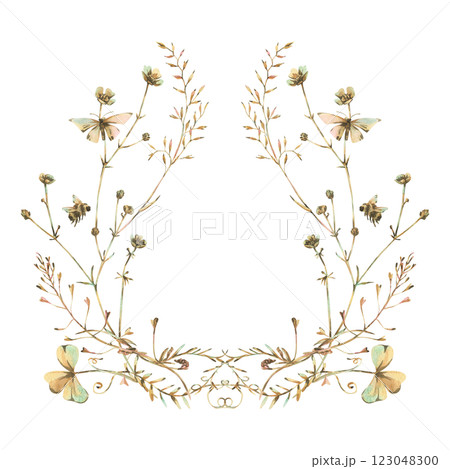 Field, meadow, wild flowers and herbs buttercups with shepherd's purse, pollen, butterfly and bumblebee. Watercolor illustration, hand-drawn in beige, brown and ocher tones. Circle wreath frame 123048300