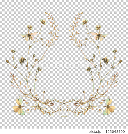 Field, meadow, wild flowers and herbs buttercups with shepherd's purse, pollen, butterfly and bumblebee. Watercolor illustration, hand-drawn in beige, brown and ocher tones. Circle wreath frame 123048300