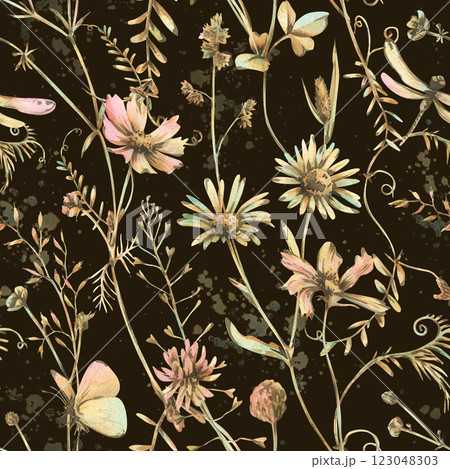 Field, meadow, wild flowers and herbs cosmos, chamomile, clover and insects. Watercolor illustration hand drawn in beige, brown and ocher colors. Seamless pattern on a dark brown background Field, meadow, wild flowers and herbs cosmos, chamomile, clover and insects. Watercolor illustration hand drawn in beige, brown and ocher colors. Seamless pattern on a dark brown background 123048303