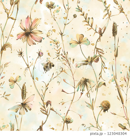Field, meadow, wild flowers and herbs cosmos, chamomile, clover and insects. Watercolor illustration hand drawn in beige, brown and ocher colors. Seamless pattern on a beige washes background 123048304