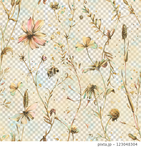 Field, meadow, wild flowers and herbs cosmos, chamomile, clover and insects. Watercolor illustration hand drawn in beige, brown and ocher colors. Seamless pattern on a beige washes background 123048304