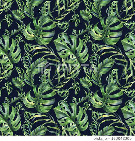 Tropical coconut, banana palm leaves, monstera, monkey mask, frangipani, bright juicy green. Hand drawn watercolor botanical illustration. Seamless pattern on a dark background. Tropical coconut, banana palm leaves, monstera, monkey mask, frangipani, bright juicy green. Hand drawn watercolor botanical illustration. Seamless pattern on a dark background. 123048309