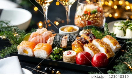 Assorted sushi platter with festive decorations and wine glasses. 123048319