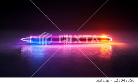 Glowing neon pen on reflective surface with vibrant colors. 123048356