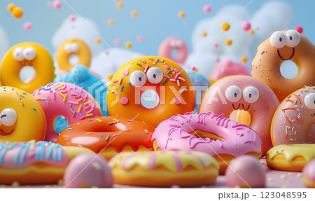 3d colorful donuts with eyes for National Donut Day.. Horizontal layout 3d colorful donuts with eyes for National Donut Day.. Horizontal layout 123048595