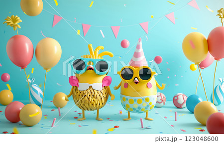 3d funny characters for National Egg Day party. Having fun surrounded by bright air balloons 3d funny characters for National Egg Day party. Having fun surrounded by bright air balloons 123048600