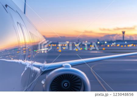 Airplane in the airport at sunset with blur bokeh background Airplane in the airport at sunset with blur bokeh background 123048656