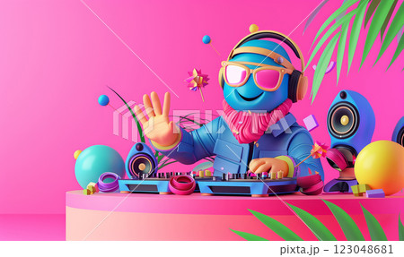 3d DJ with blue face against pink background with a mixer and control board. He mixes music 3d DJ with blue face against pink background with a mixer and control board. He mixes music 123048681