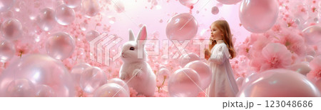 Pink easter banner with a girl, white bunny and bubbles. Horizontal layout 123048686