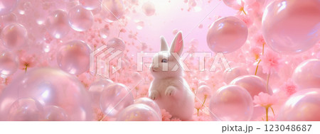 Easter bunny surrounded by pink bubbles. Horizontal layout for holiday messages 123048687