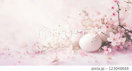 Pink eggs and cherry or plum tree branch. Easter holiday horizontal banner 123048688