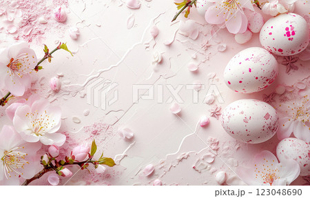 Pink painted easter eggs and cherry flowers on white texture. Background for greetings 123048690
