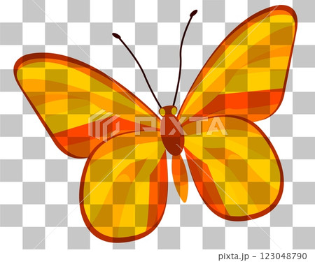 Bright yellow and orange butterfly illustration with a checkered background 123048790