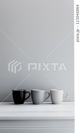three glossy coffee cups displayed on a light grey countertop with background reflecting light copyspace concept of beverage cafe brand marketing 123048864