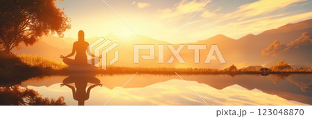 woman meditating at sunrise near calm water silhouette tranquil reflection peaceful golden light copyspace concept of wellness and spiritual health 123048870