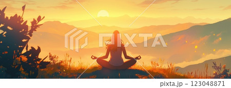 woman meditating on grassy hilltop at sunrise with very peaceful mountains in tranquil serene background copyspace concept of wellness tourism healthcare 123048871