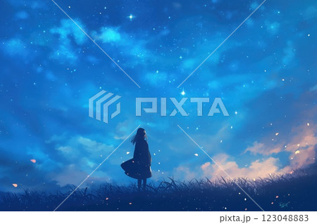 lone silhouette of woman standing under glittering night sky with swirling cosmic clouds evoking dreamy ambiance copyspace concept for mental health and spirituality 123048883
