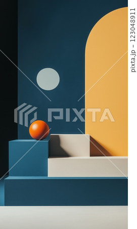 modern abstract arrangement of geometric shapes in navy, mustard, and orange with sphere on blocks and negative space copyspace concept of branding, design modern abstract arrangement of geometric shapes in navy, mustard, and orange with sphere on blocks and negative space copyspace concept of branding, design 123048911