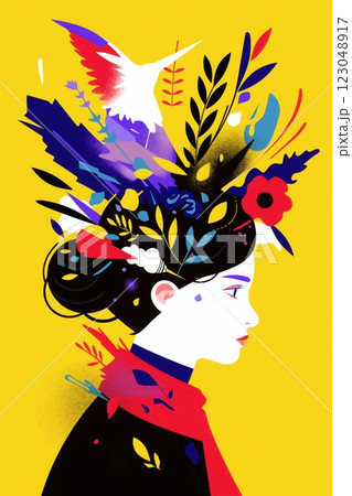 side profile of woman with floral shapes and hummingbird adorning her hair in a colorful illustration copyspace concept of art, lifestyle, creativity 123048917