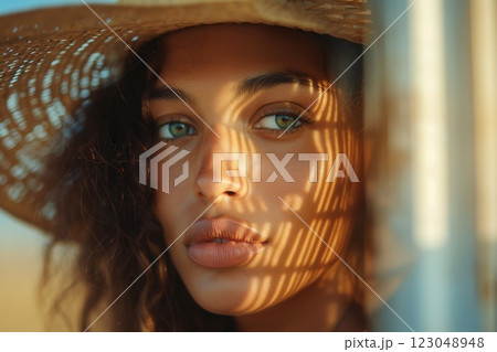 Young woman green eyes curly hair straw hat natural sunlight close-up portrait 123048948