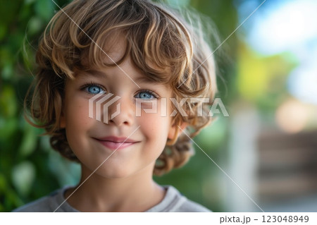 Smiling young boy blonde curly hair blue eyes standing outdoors green nature Smiling young boy blonde curly hair blue eyes standing outdoors green nature 123048949