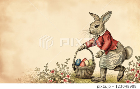 Easter bunny with basket of eggs for holiday greetings. Retro, vitage, sepia, engraving 123048989