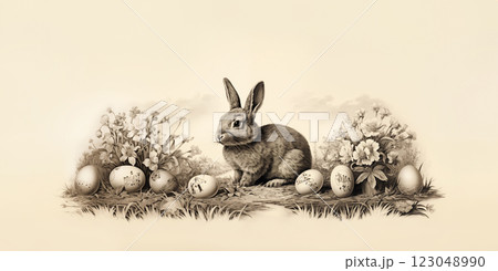 Easter bunny in the horizontal banner. Painted eggs. Sepia, vintage engraving, space for words. 123048990
