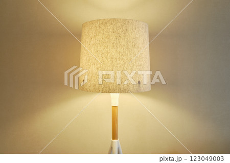A stylish lamp with a beige fabric shade casting a soft warm light on the wall 123049003