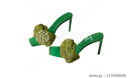 Poster. Modern artwork. Green high heels decorated with broccoli against white background, merging food with style. 123049046