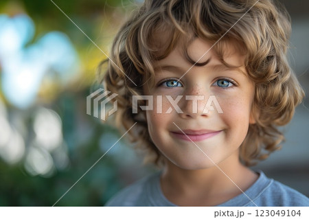 Happy young boy blond curly hair blue eyes smiling outdoors natural sunlight 123049104
