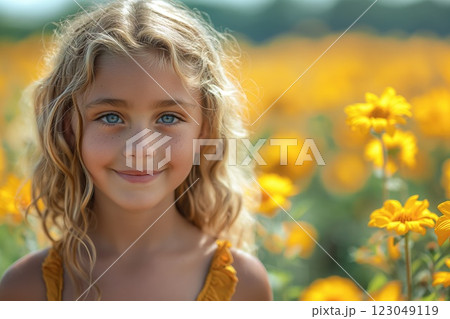 smiling blonde child with curly hair standing in vibrant yellow sunlit flower field gazing at camera cheerful mood concept of youth marketing education smiling blonde child with curly hair standing in vibrant yellow sunlit flower field gazing at camera cheerful mood concept of youth marketing education 123049119
