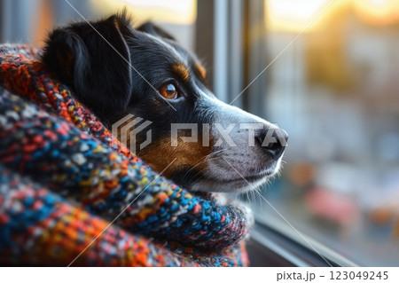 tricolor dog wrapped in cozy multicolored scarf resting by a sunlit window with a calm thoughtful expression copyspace concept of pet care, veterinarian, marketing tricolor dog wrapped in cozy multicolored scarf resting by a sunlit window with a calm thoughtful expression copyspace concept of pet care, veterinarian, marketing 123049245