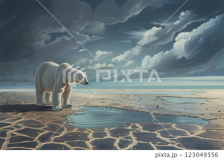 Unhappy white bear stands on dry empty ocean floor. Puddle of disappearing sea. Climate change. Unhappy white bear stands on dry empty ocean floor. Puddle of disappearing sea. Climate change. 123049356
