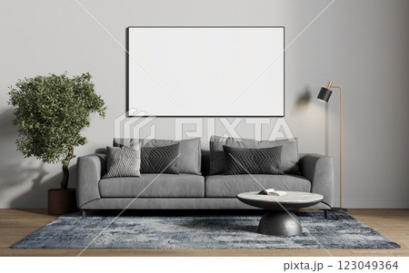 Empty frame for a picture or photo in the living room above the sofa. 3D rendering Empty frame for a picture or photo in the living room above the sofa. 3D rendering 123049364
