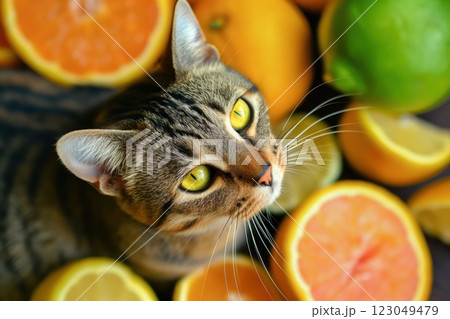 tabby cat looking at the camera among scattered citrus fruits with bright green eyes and curious expression concept of pet care, marketing, home 123049479