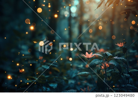 delicate pink blossoms glowing with scattered sparkles in a dreamy forest at dusk highlighting magical ambiance concept of floristry, design, wellness 123049480