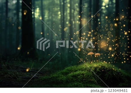 tiny mushrooms illuminated by floating golden particles in a dark woodland floor setting with enchanted atmosphere concept of nature, mysticism, design 123049481