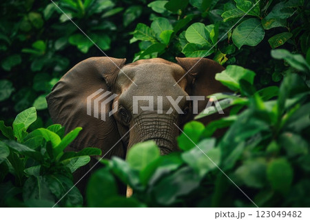 majestic elephant peering through lush green foliage in tropical jungle with calm yet powerful presence concept of wildlife, conservation, ecotourism majestic elephant peering through lush green foliage in tropical jungle with calm yet powerful presence concept of wildlife, conservation, ecotourism 123049482