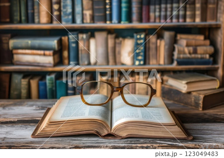 open book with eyeglasses on wooden desk in a historical library housing vintage volumes and warm lighting copyspace concept of reading publishing education open book with eyeglasses on wooden desk in a historical library housing vintage volumes and warm lighting copyspace concept of reading publishing education 123049483