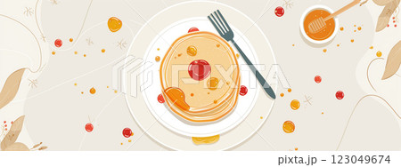 Pancake day banner. Pancakes on plate with fork in the centre. Grey background. Web illustration 123049674